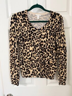 H&M Beige and Black Leopard Knit Button Front Long Sleeve Cardigan